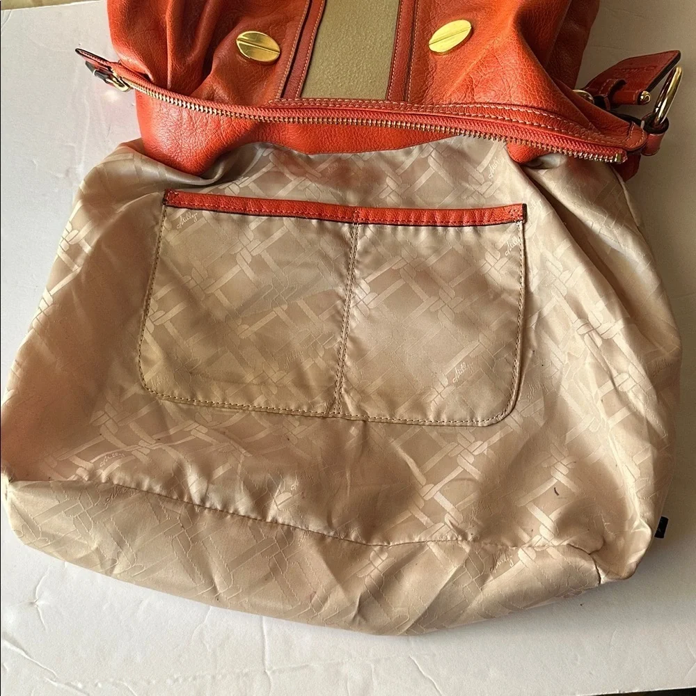 🔥 Milly Orange Coral Leather Carryall Hobo Shoulder Bag Gold Studs Suede Accent